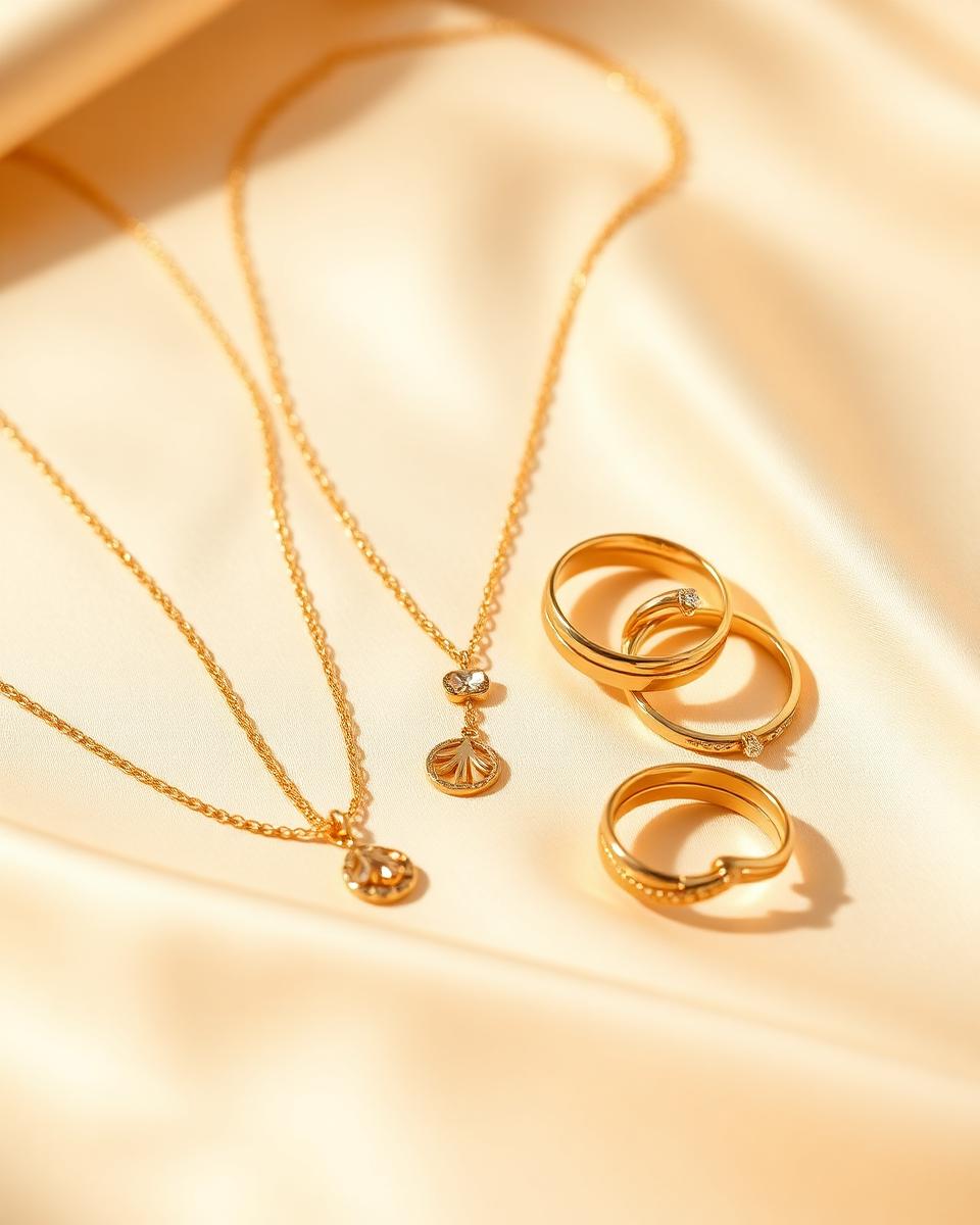Curated arrangement of fine 22-karat gold jewellery — necklaces and rings on cream silk