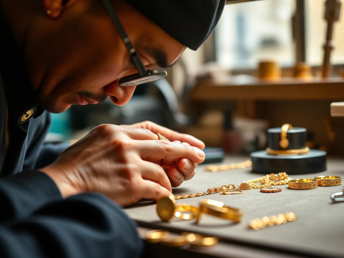 Indonesian master goldsmith working on fine 22k gold jewellery in atelier